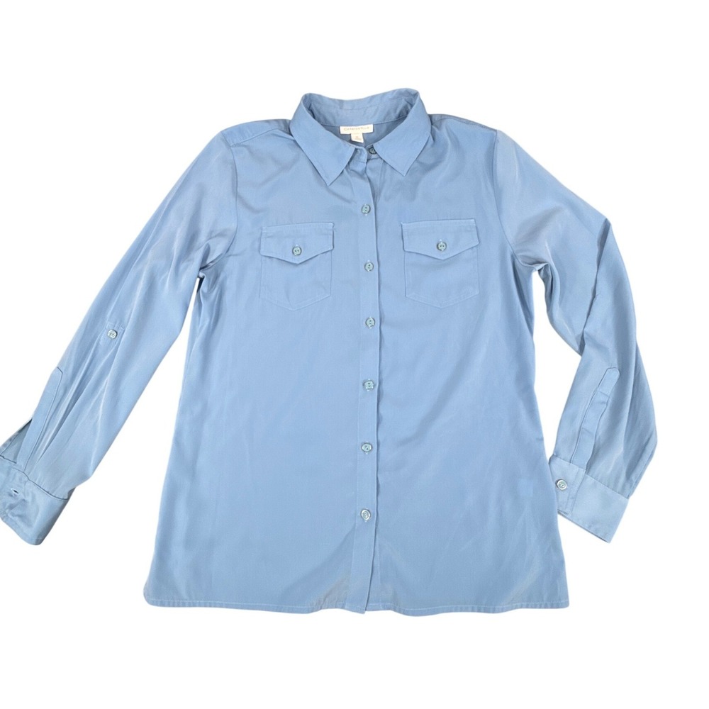 Charter Club Womens Blue Long Sleeve Button Down Shirt Size 10 Utility Pocket